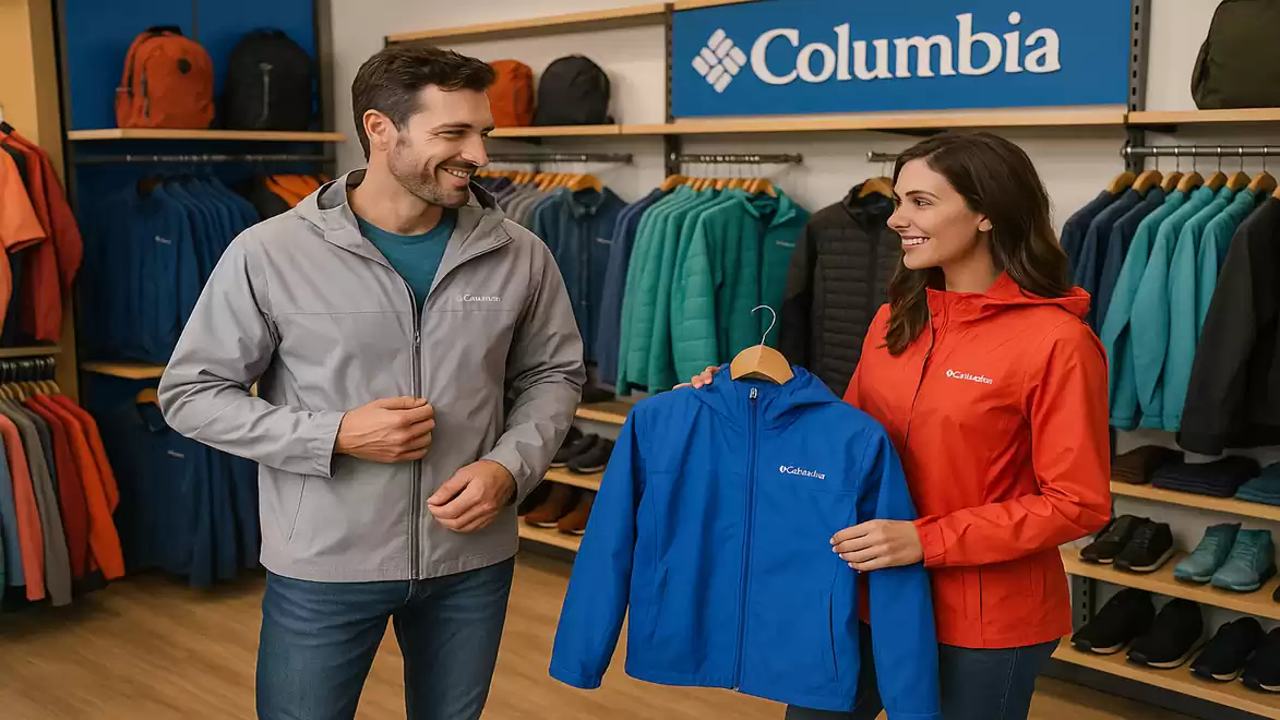 Two people trying on outdoor jackets in a Columbia store, surrounded by a selection of clothing and accessories.