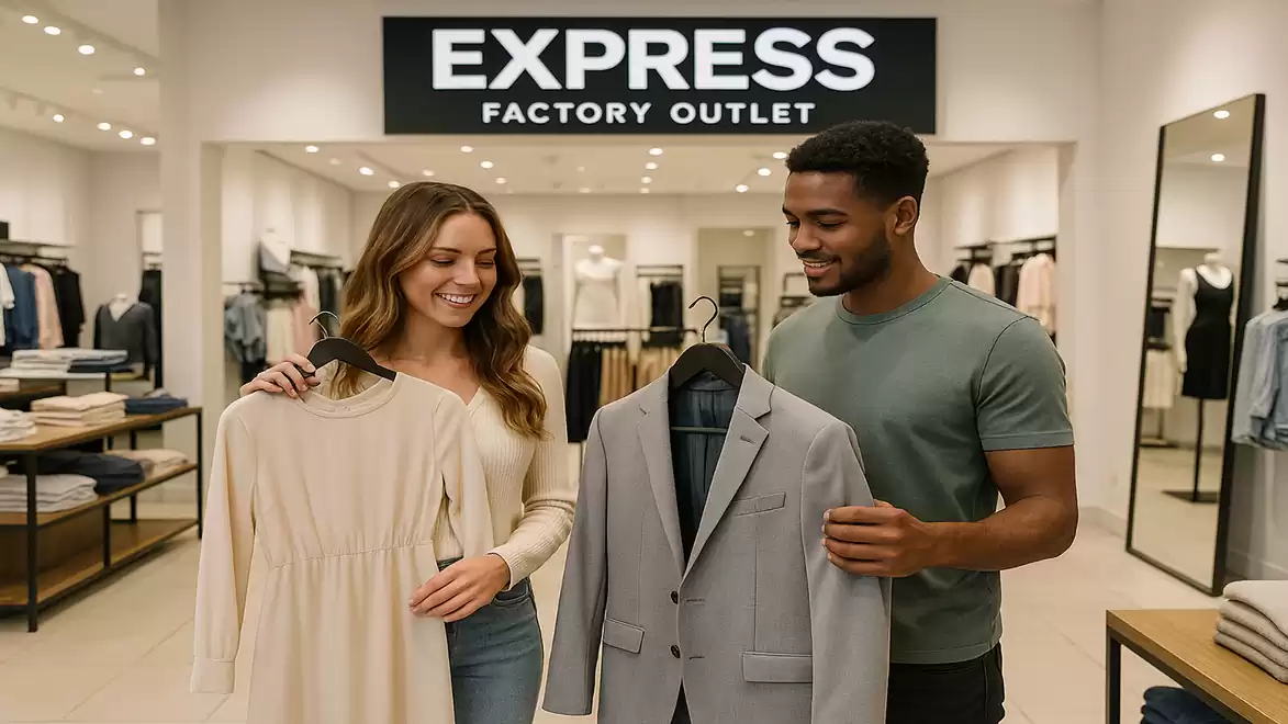 A man and a woman are in a clothing store. The woman is holding a long, cream-colored dress, and the man is holding a grey suit. In the background, there is a sign reading 'Express Factory Outlet'.