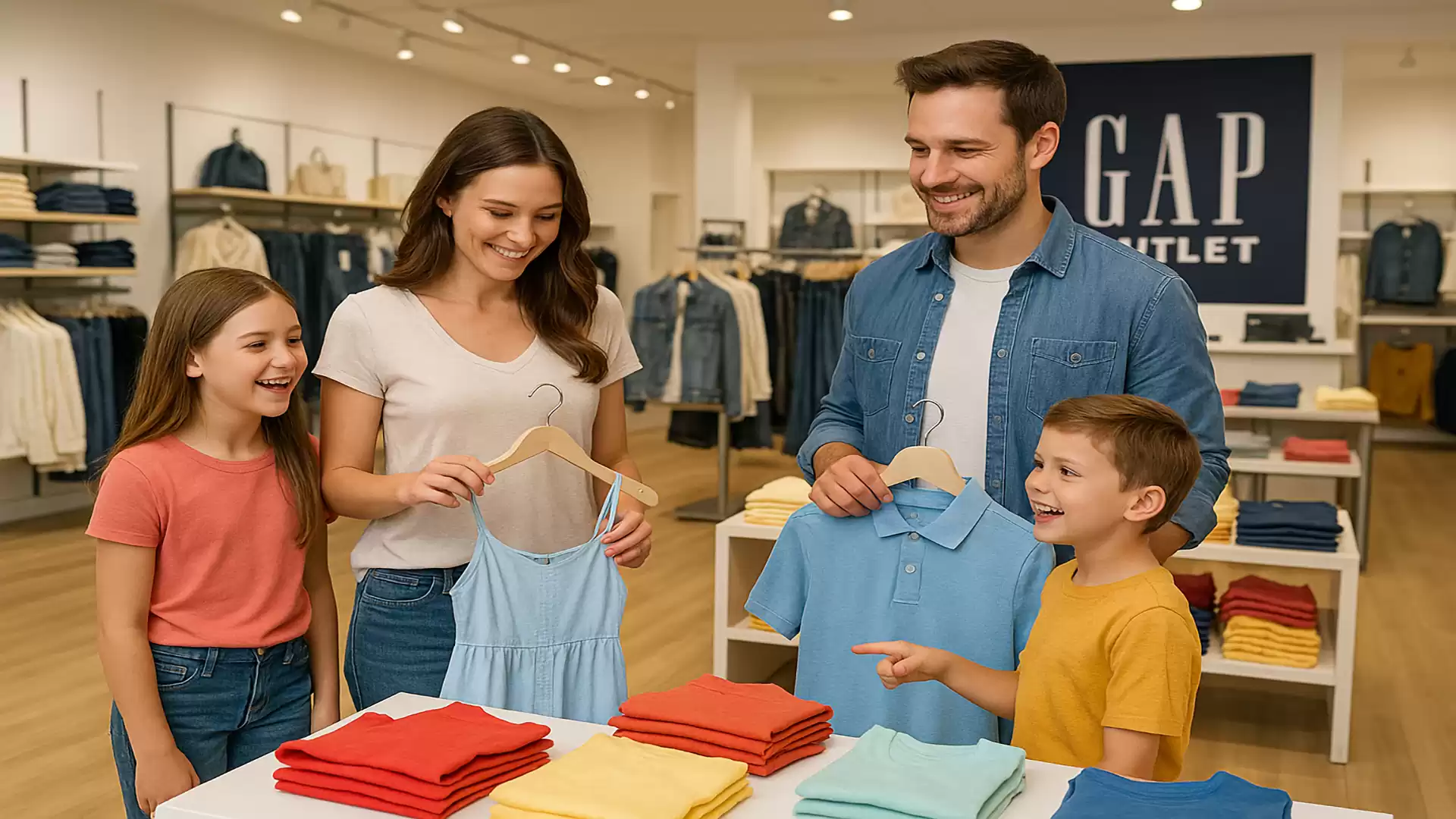 A family shopping together in a clothing store, looking at colorful clothes.