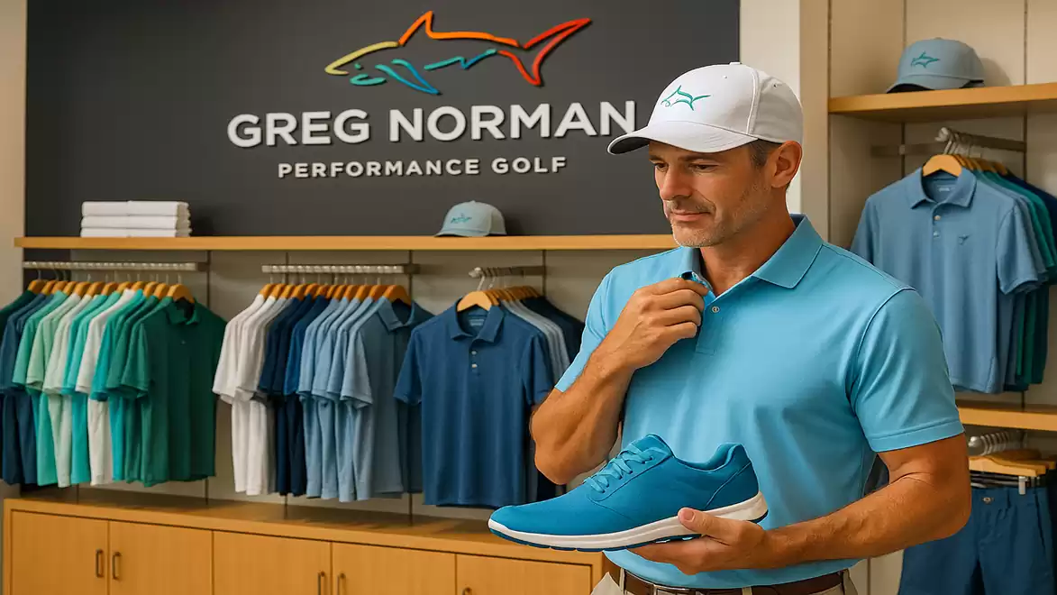 A man in a sports store holding a blue golf shoe, surrounded by blue golf shirts and polo shirts, in front of a Greg Norman Performance Golf sign.