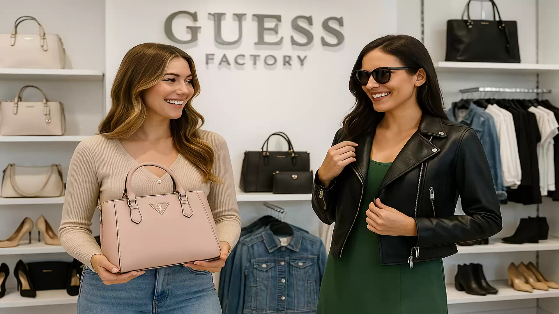 Two women smiling and posing in a Guess Factory store; one is holding a stylish handbag.