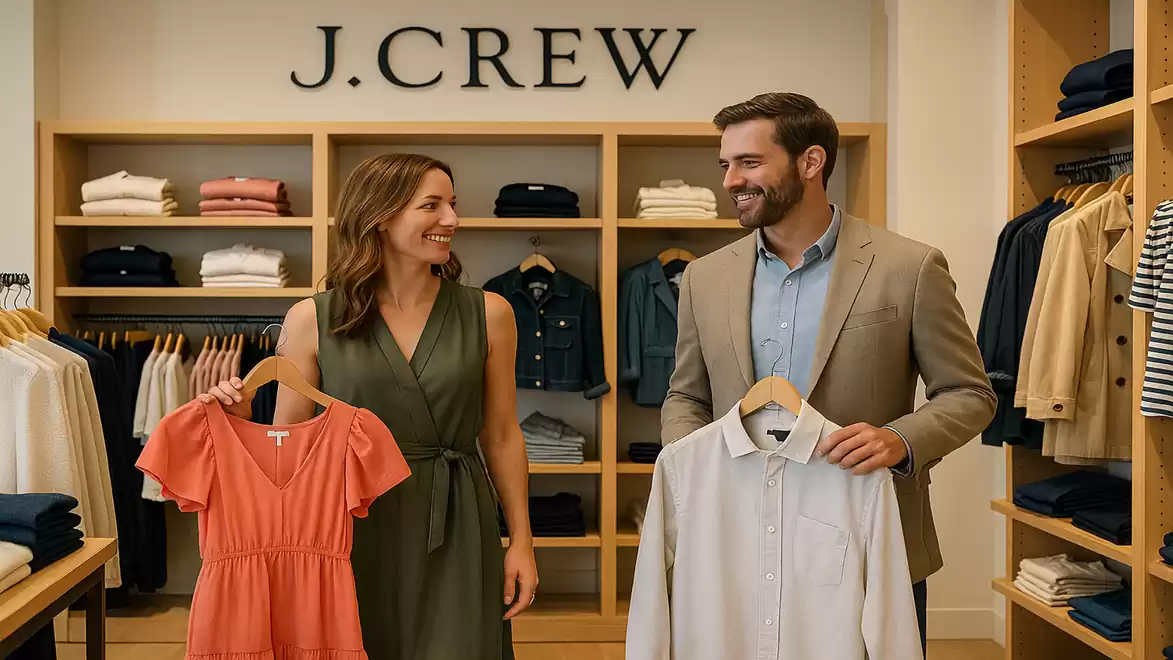 A man and a woman stand in a J.Crew clothing store, smiling at each other while holding up garments.