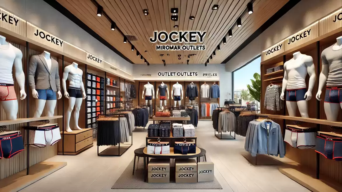 Interior view of a modern Jockey clothing store with various displayed garments and stylish decor.