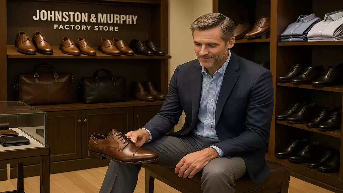 Man in a suit sitting in a Johnston & Murphy Factory Store examining a leather shoe.