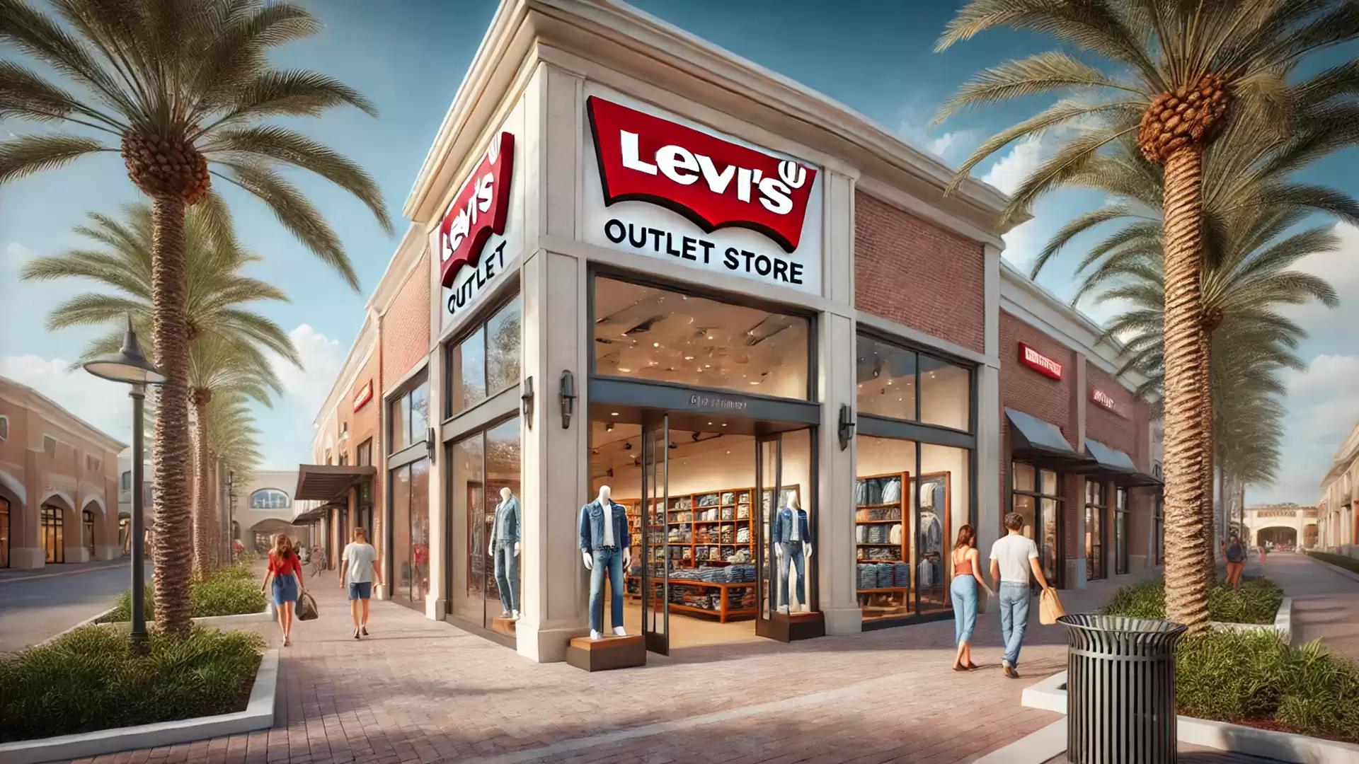 Image of a Levi's Outlet Store with large windows, mannequins, and people walking by, surrounded by palm trees.