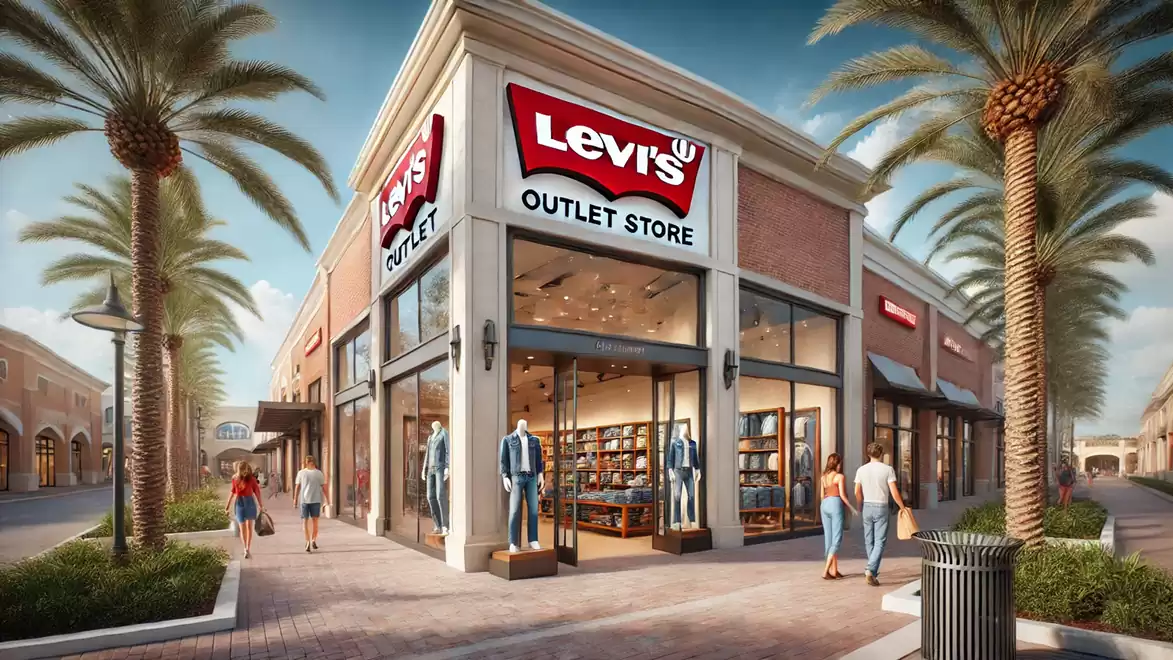 Image of a Levi's Outlet Store with large windows, mannequins, and people walking by, surrounded by palm trees.