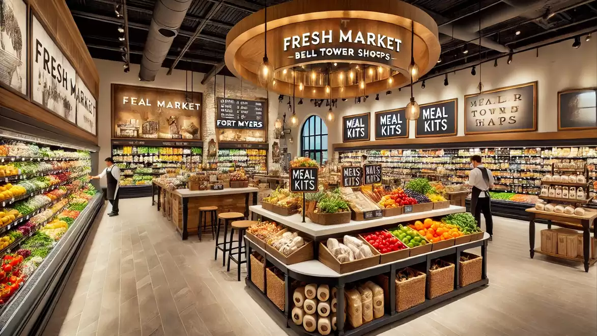 Modern grocery store with fresh produce and meal kits in a beautifully designed interior.