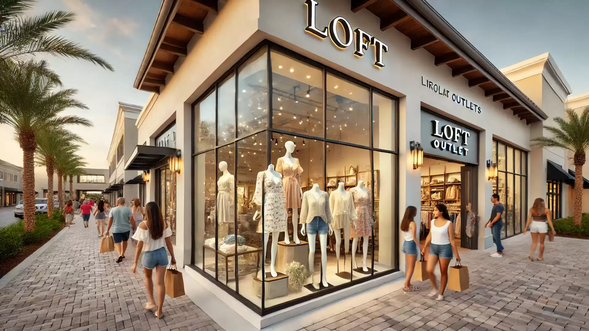 Shopping center with LOFT Outlet, storefront with mannequins, pedestrians, and palm trees.