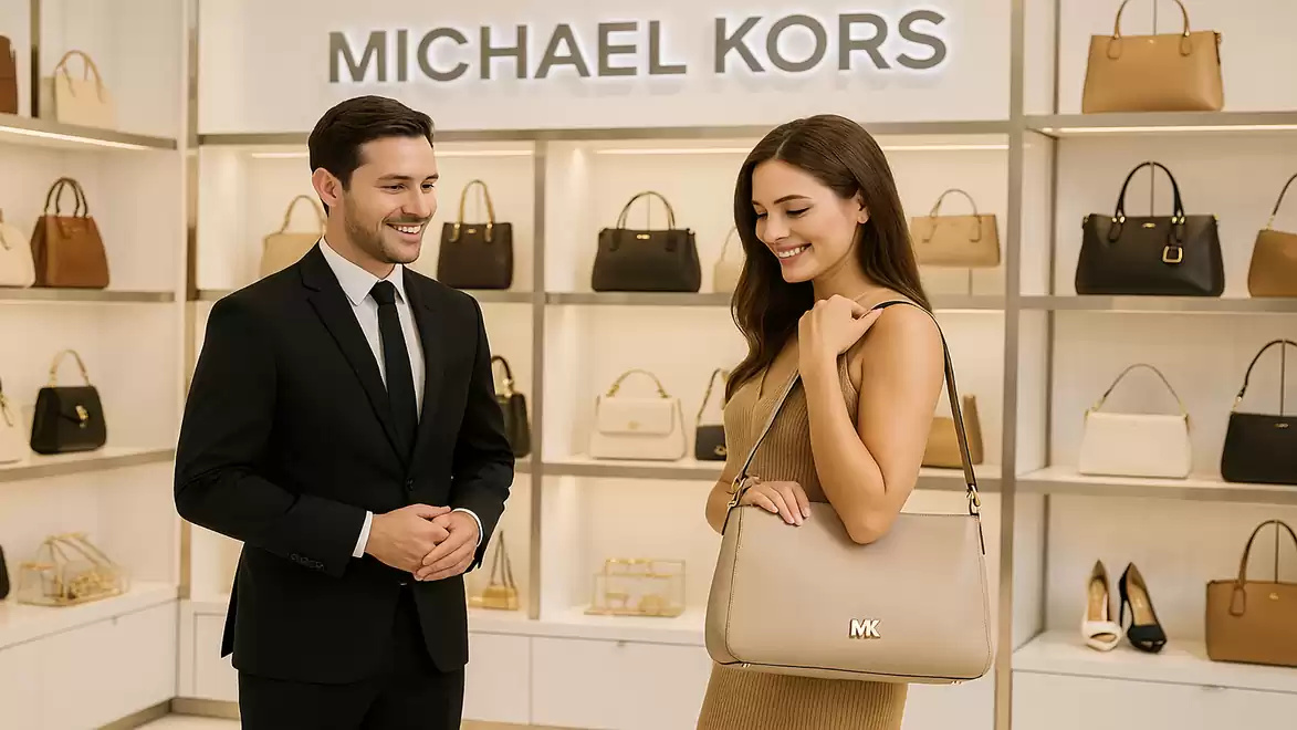A salesman in a suit stands next to a woman holding a beige bag in a Michael Kors store.