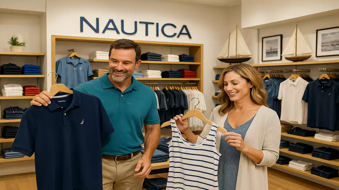 A man and a woman smiling in a Nautica clothing store while looking at clothes. In the background, shelves with folded clothes and model sailboats are visible.