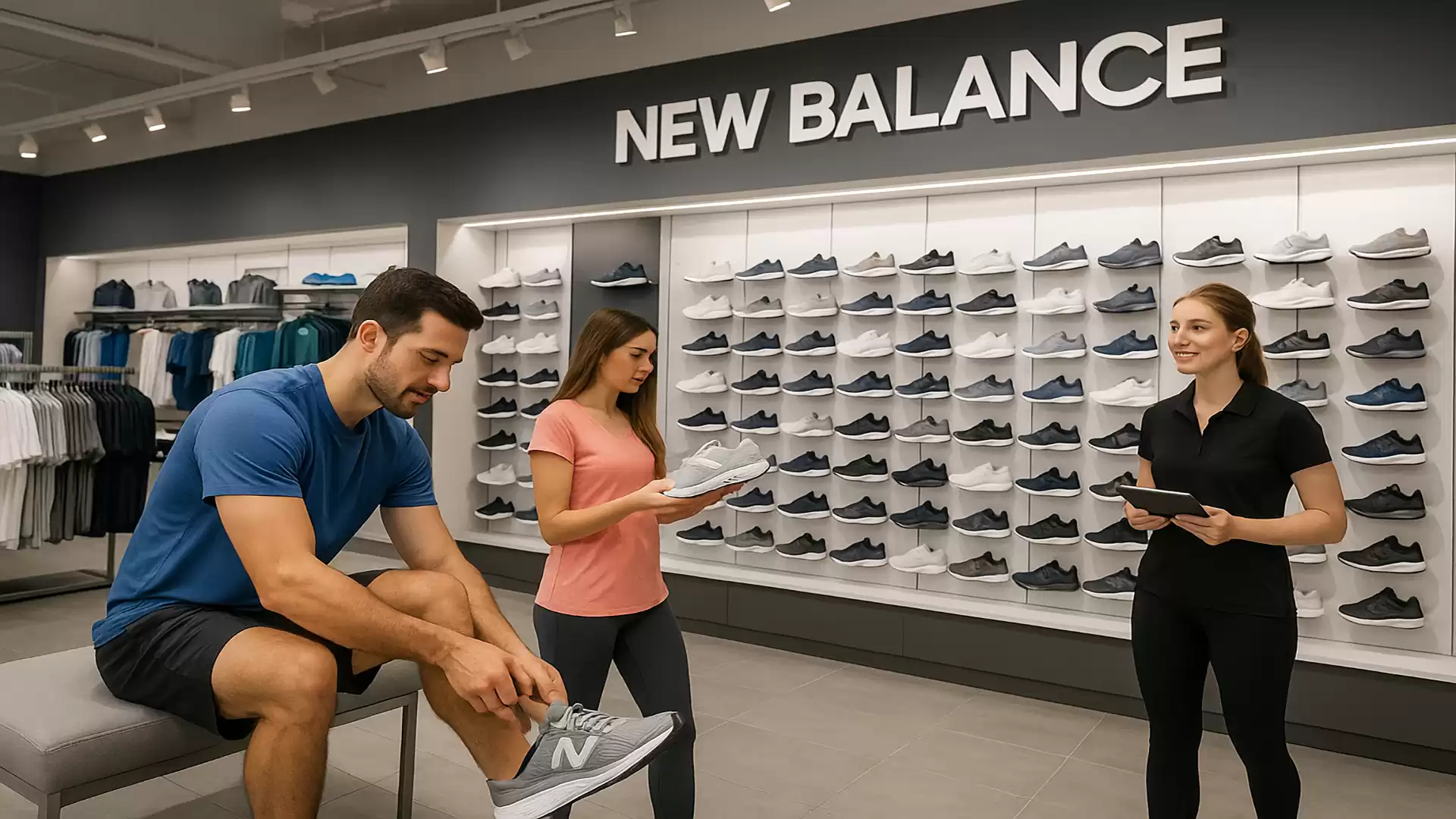 Interior view of a New Balance store with three people trying on and discussing shoes.