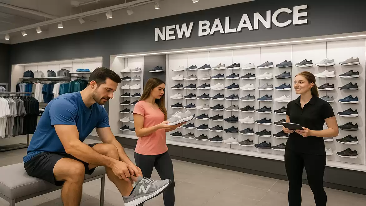 Interior view of a New Balance store with three people trying on and discussing shoes.