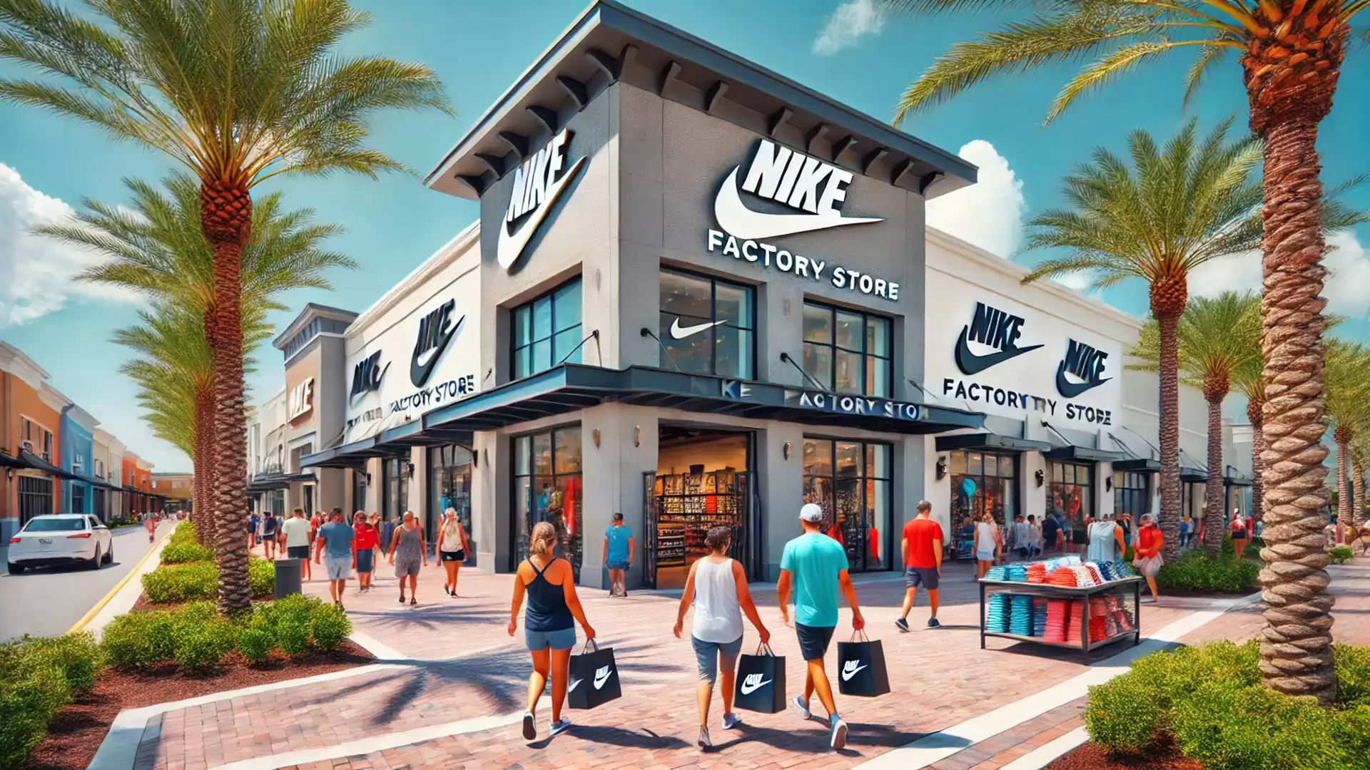 Busy shopping street with a Nike Factory Store, surrounded by palm trees and pedestrians.
