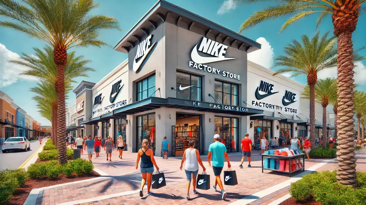 Busy shopping street with a Nike Factory Store, surrounded by palm trees and pedestrians.