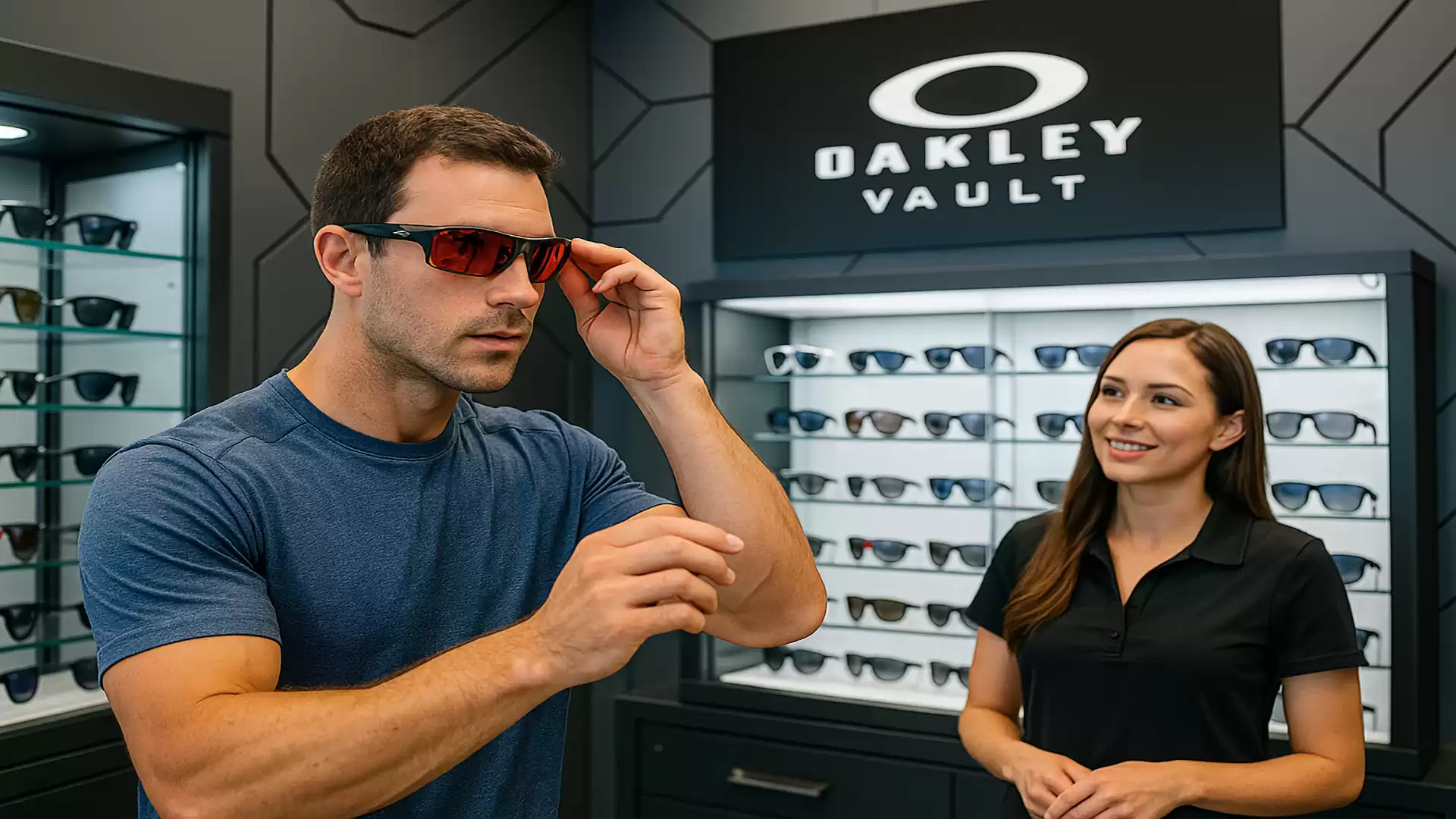 A man tries on sunglasses in an Oakley store while a saleswoman smiles at him.
