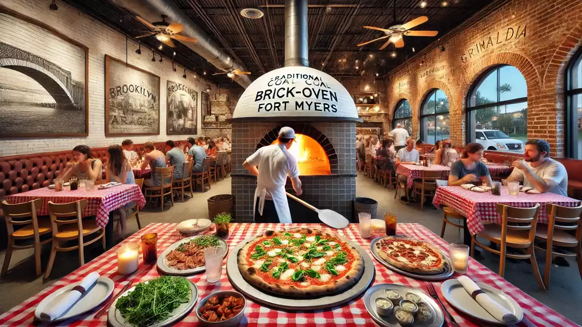 Cozy pizzeria with a traditional brick oven, where a chef bakes pizza as guests dine at checkered tables.