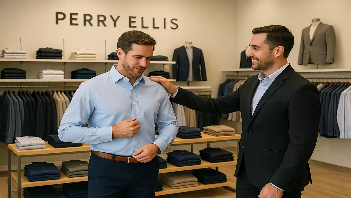 Two men in a stylish men's clothing store trying on shirts. One is wearing a light blue shirt, while the other smiles helpfully in a suit. In the background, shelves with folded shirts and suits are visible.