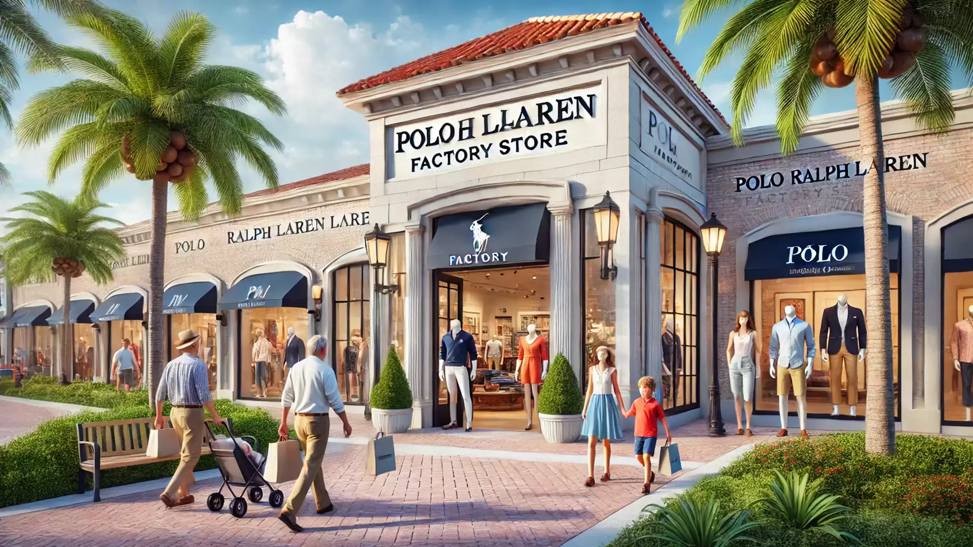 Shopping mall with people walking in front of a fashion store, surrounded by palm trees.