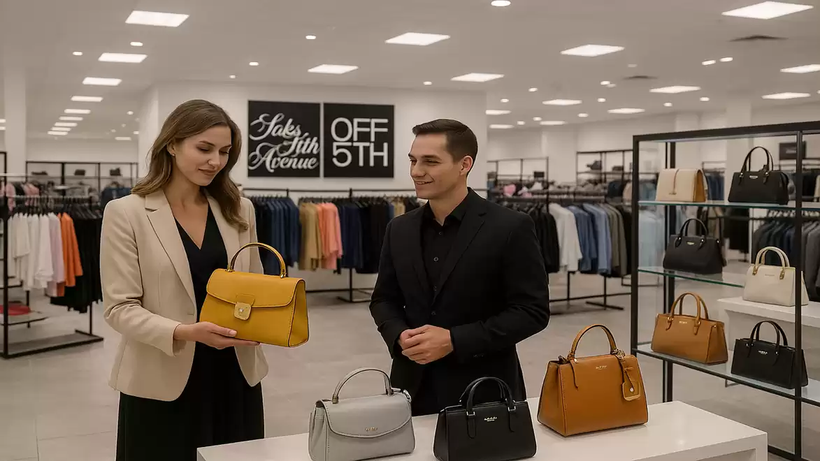 Two people in a fashion store looking at handbags. A woman is holding a yellow bag while a man stands next to her. In the background, there are shelves with clothing and a sign of Saks Fifth Avenue OFF 5TH.