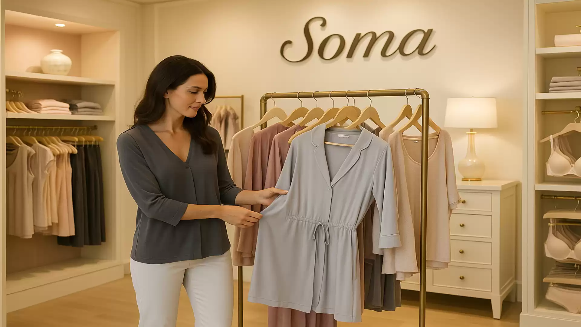 A woman is looking at a garment in a well-lit boutique store with the name Soma in the background.
