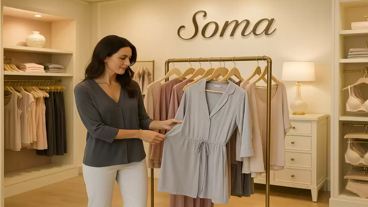 A woman is looking at a garment in a well-lit boutique store with the name Soma in the background.