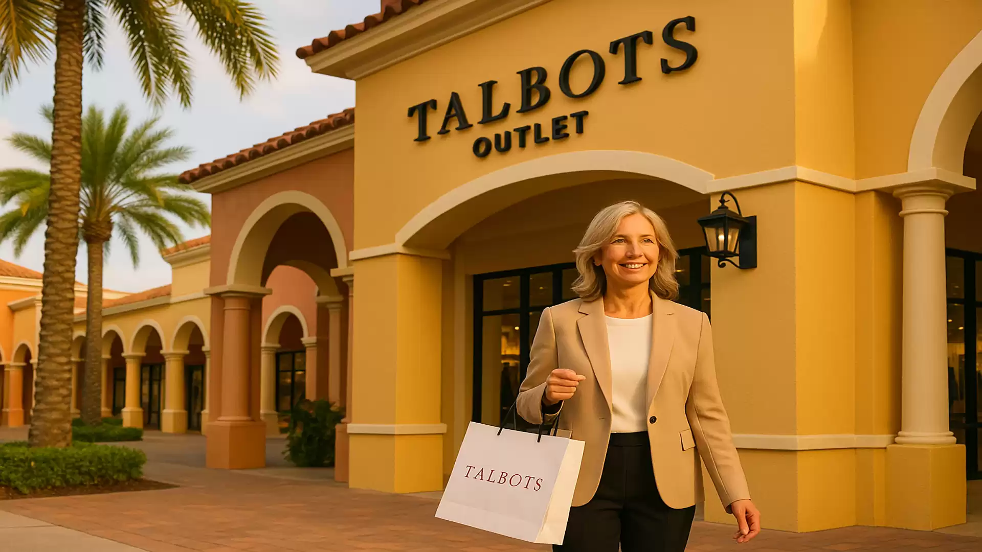 A woman with blonde hair stands smiling in front of a Talbots Outlet, holding a shopping bag and wearing a beige blazer in a sunny setting.