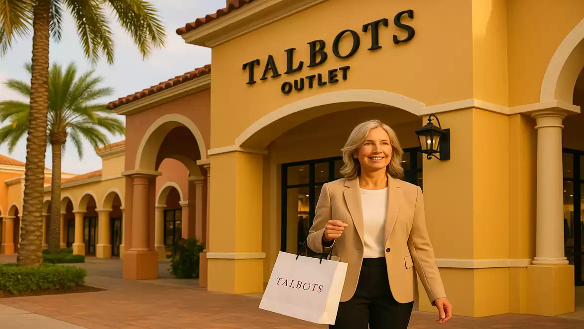A woman with blonde hair stands smiling in front of a Talbots Outlet, holding a shopping bag and wearing a beige blazer in a sunny setting.
