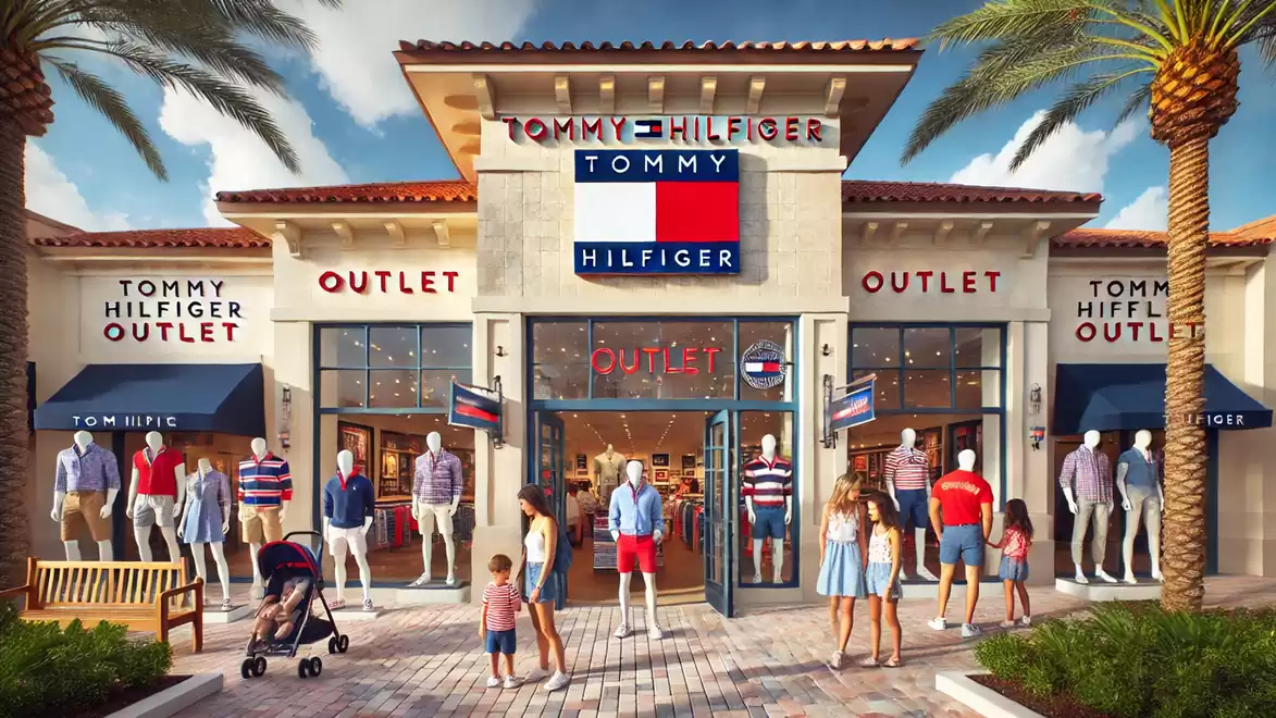 Tommy Hilfiger outlet store with customers in front of the entrance under palm trees.