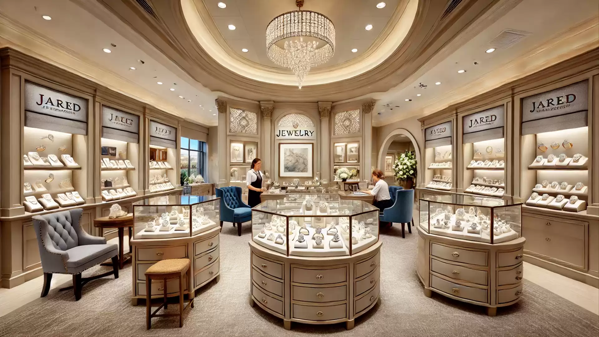 Elegant jewelry store with luxurious interior, decorative showcases, and two people consulting.