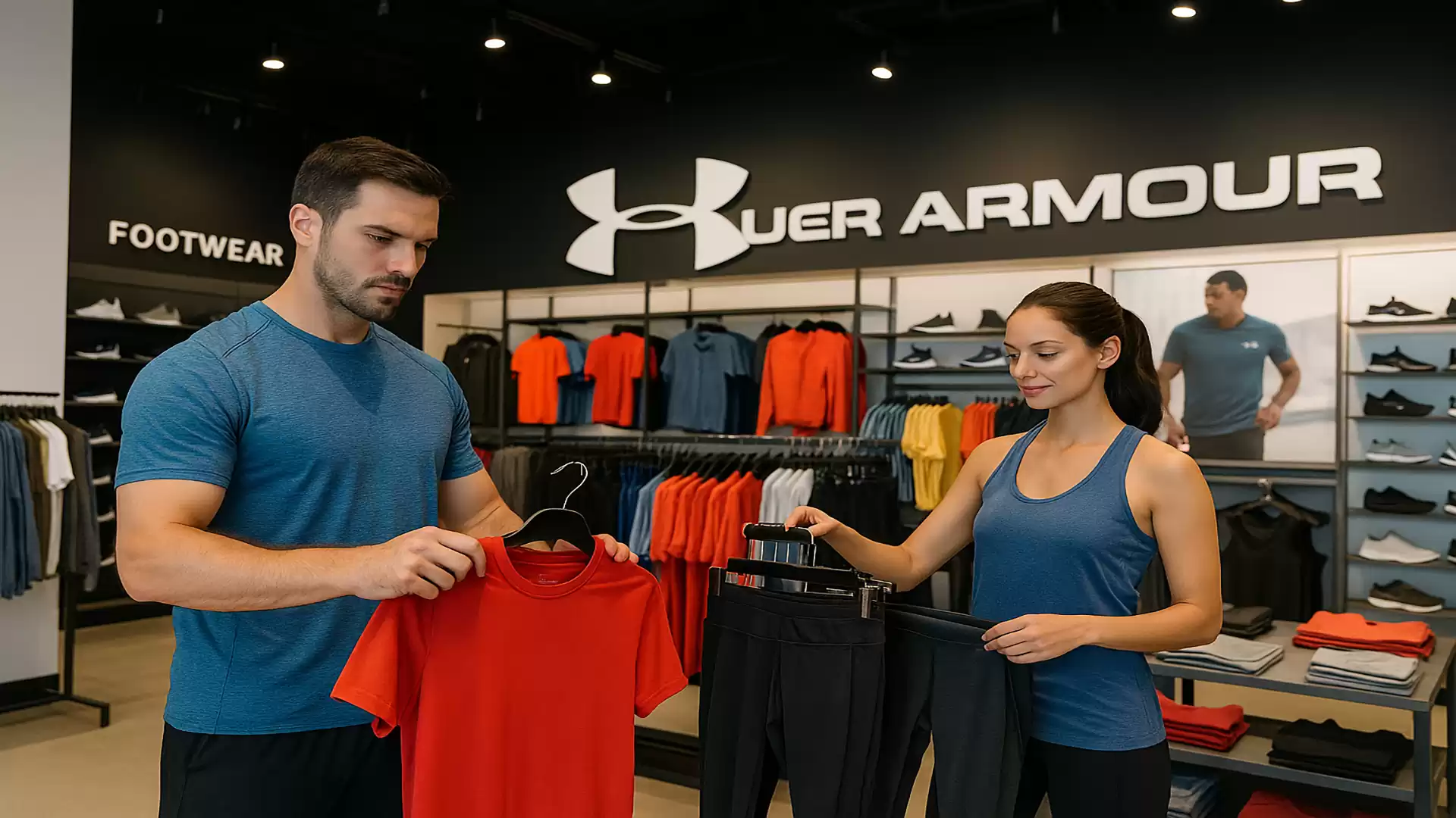 Two people in a sporting goods store looking at Under Armour clothing.