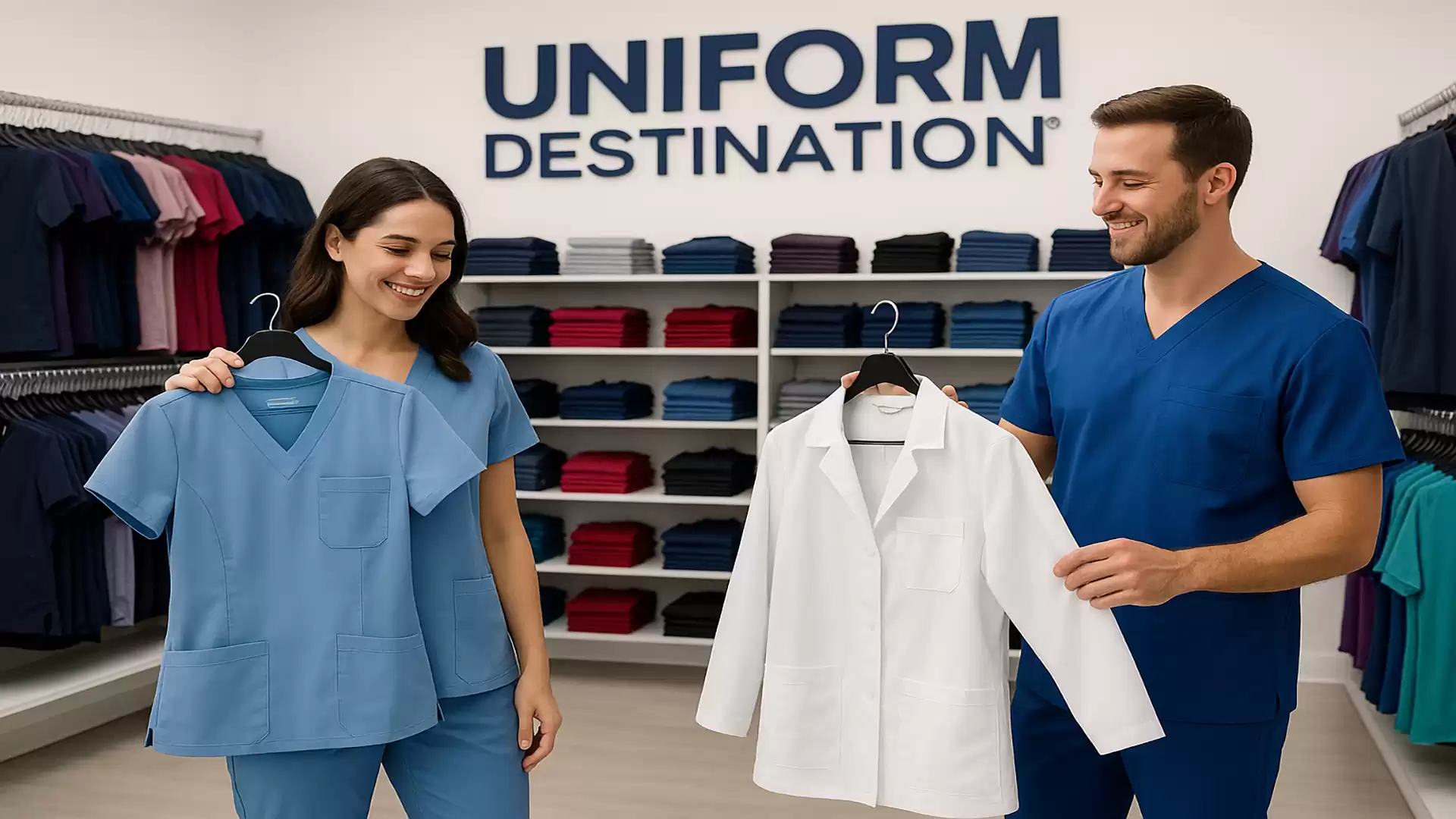 Two people smiling while holding medical uniforms in front of shelves filled with colorful clothing in a store named Uniform Destination.