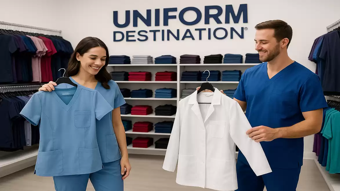 Two people smiling while holding medical uniforms in front of shelves filled with colorful clothing in a store named Uniform Destination.