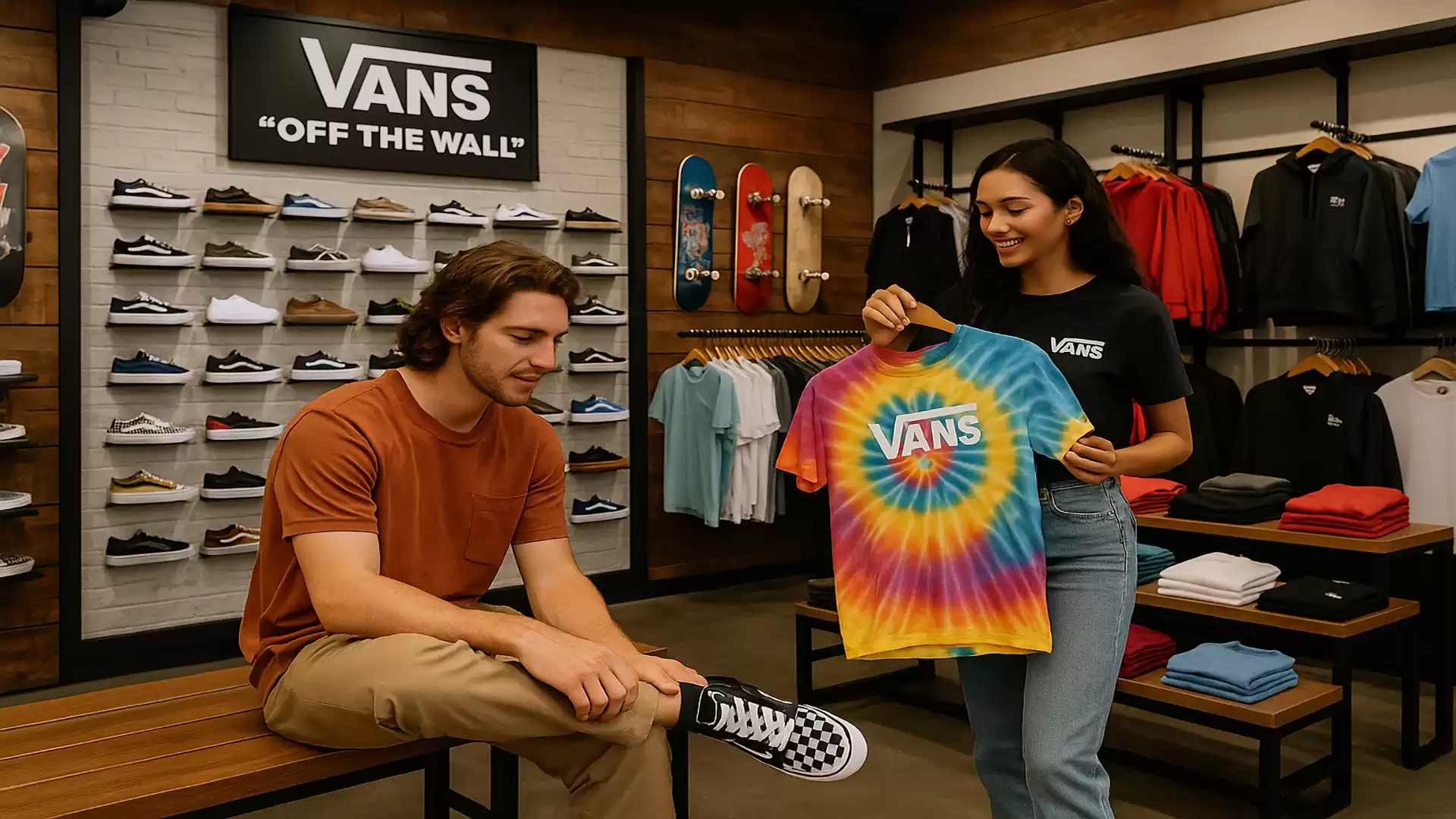 A man sits on a bench in a Vans store while a woman shows him a colorful t-shirt. In the background, Vans shoes and skateboards are displayed on the wall.