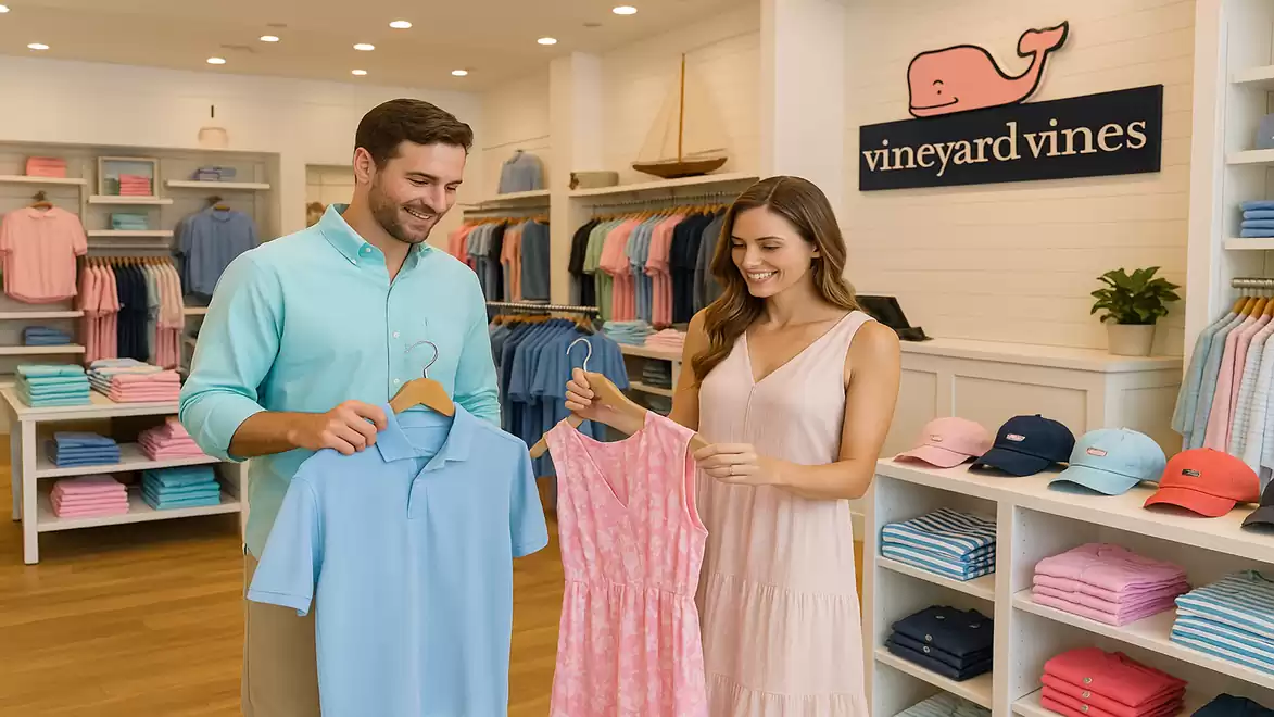 A man and a woman stand in a clothing store holding garments and smiling. In the background, shelves with folded clothes and a Vineyard Vines logo can be seen.