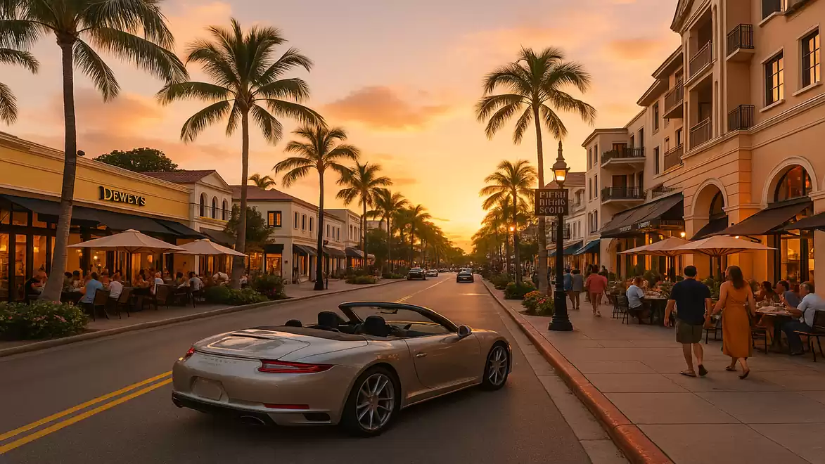 A picturesque street scene at sunset with palm trees and a convertible on a bustling shopping street.