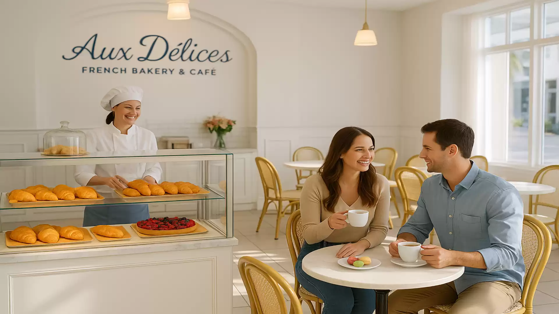 A couple enjoying coffee and pastries in a French café with a bakery clerk in the background.