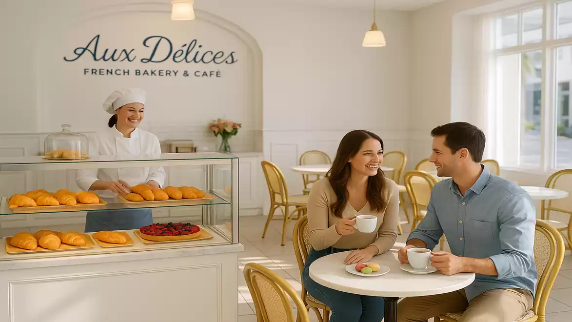 A couple enjoying coffee and pastries in a French café with a bakery clerk in the background.