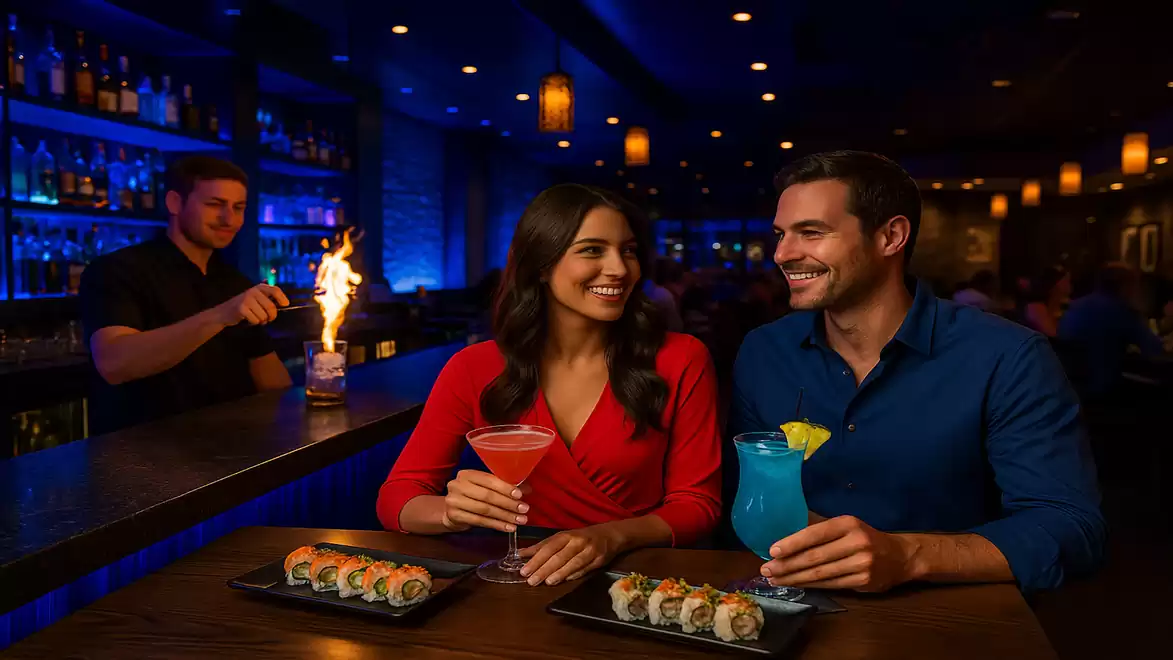 A couple enjoying drinks and sushi in an atmospheric bar with a bartender in the background creating a flame.