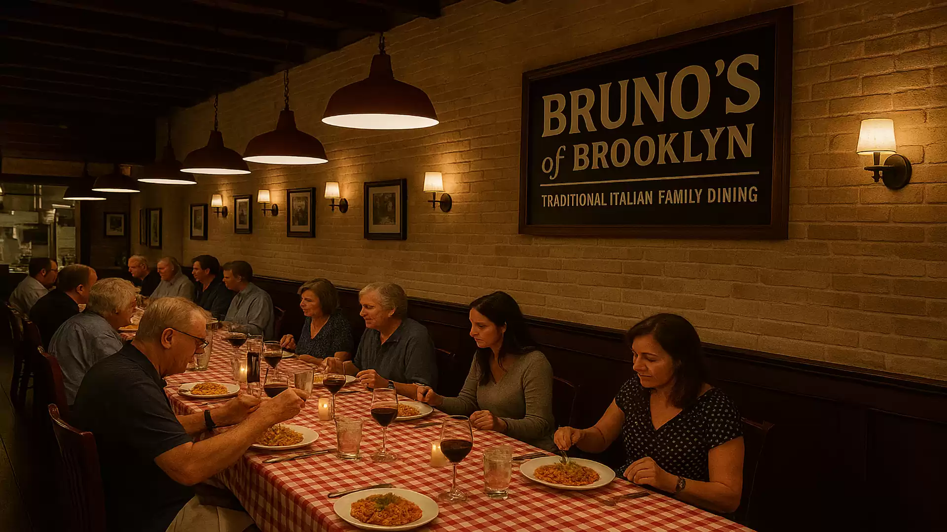People sitting at a long table in an Italian restaurant called Bruno's of Brooklyn, enjoying their dinner.