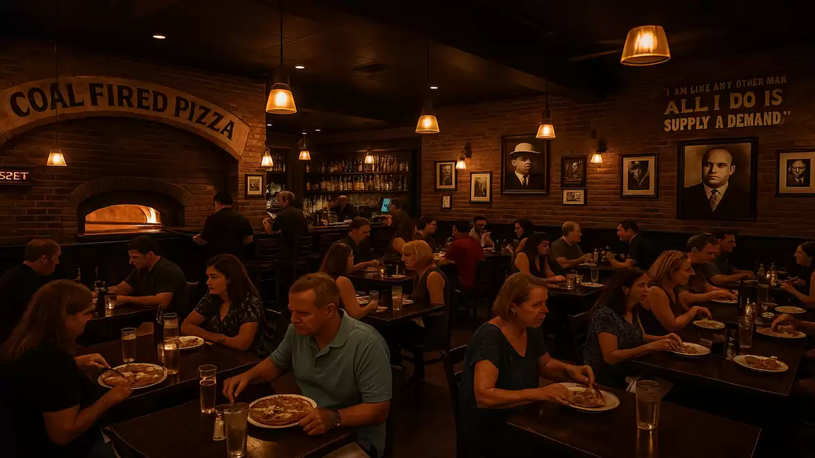 Cozy pizzeria with coal-fired oven where guests enjoy pizza at tables. Walls decorated with portraits.