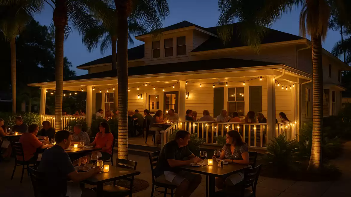A cozy restaurant with outdoor seating, illuminated by warm lights, guests dining on the porch and garden at night.
