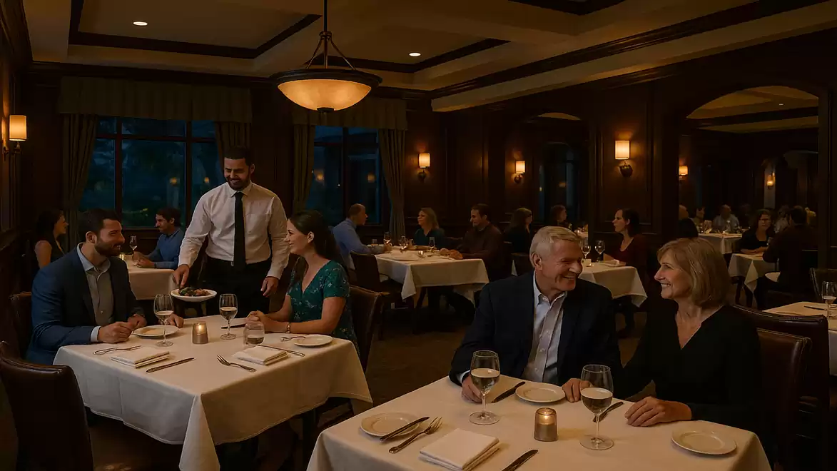 An elegant restaurant with dark wood decor. People are sitting at tables with white tablecloths, enjoying their meals. A waiter is taking orders.