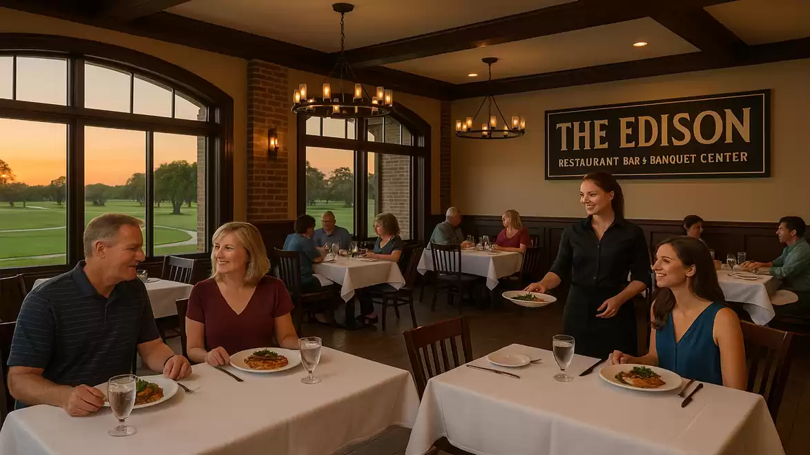 An elegant restaurant with guests dining as the sun sets. A waitress is serving food to two tables.