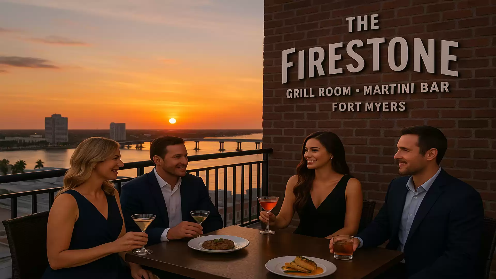 Four people enjoying the sunset on a terrace at the Firestone Grill Room and Martini Bar in Fort Myers.