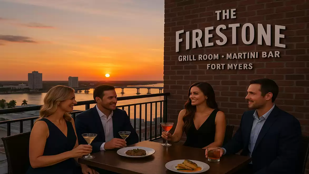 Four people enjoying the sunset on a terrace at the Firestone Grill Room and Martini Bar in Fort Myers.