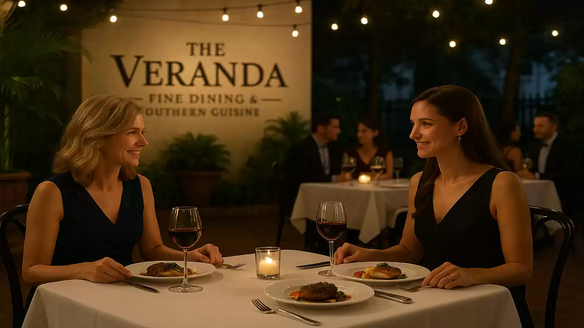 Two women in elegant evening dresses enjoy a candlelit dinner in a chic restaurant named 'The Veranda'.