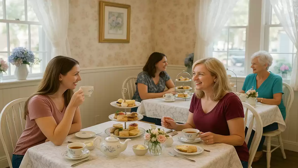 Four women sitting in a cozy café enjoying tea and pastries in daylight.