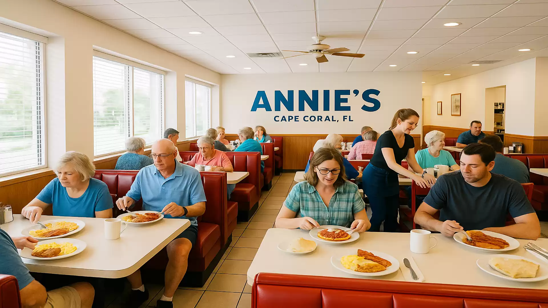 People dining in a cozy diner called Annie's in Cape Coral, Florida. A waiter is serving food. The interior is inviting with large windows and red upholstered seats.