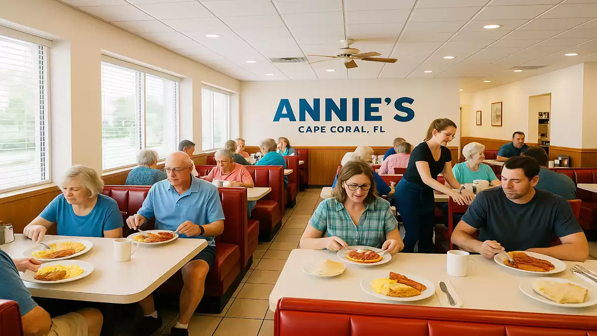 People dining in a cozy diner called Annie's in Cape Coral, Florida. A waiter is serving food. The interior is inviting with large windows and red upholstered seats.