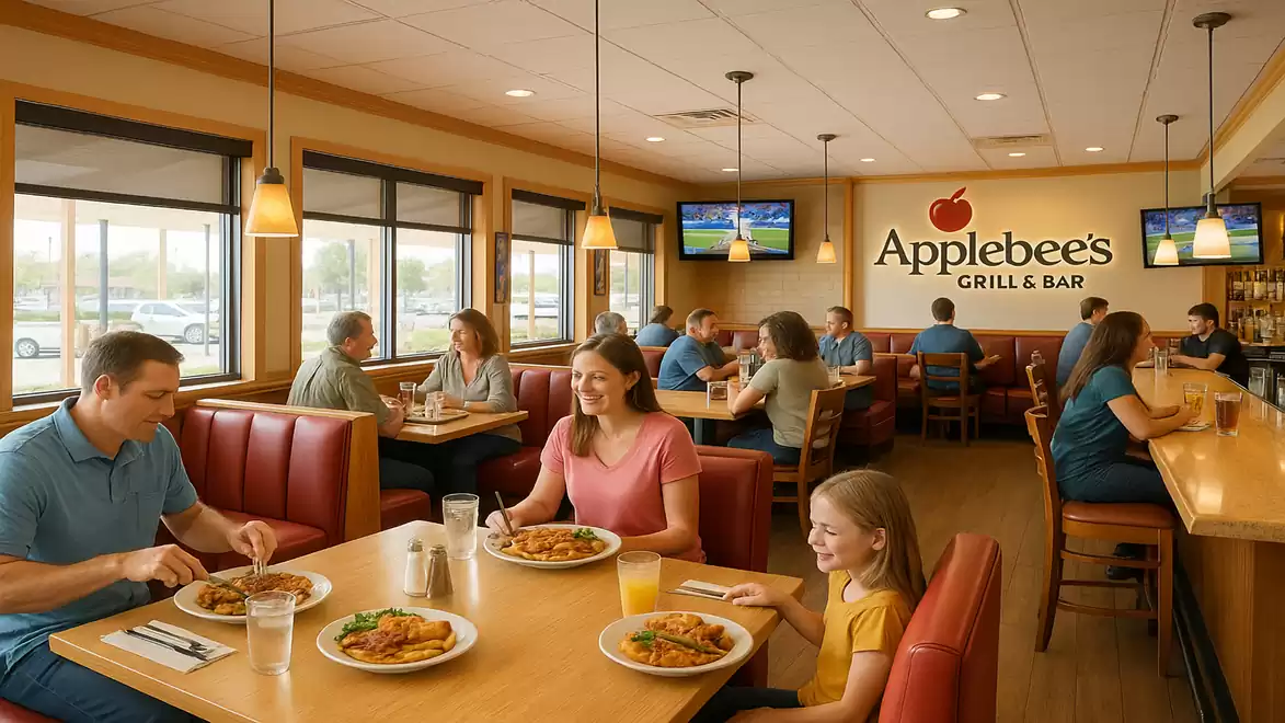 Family enjoying a meal in a busy restaurant with a warm atmosphere.